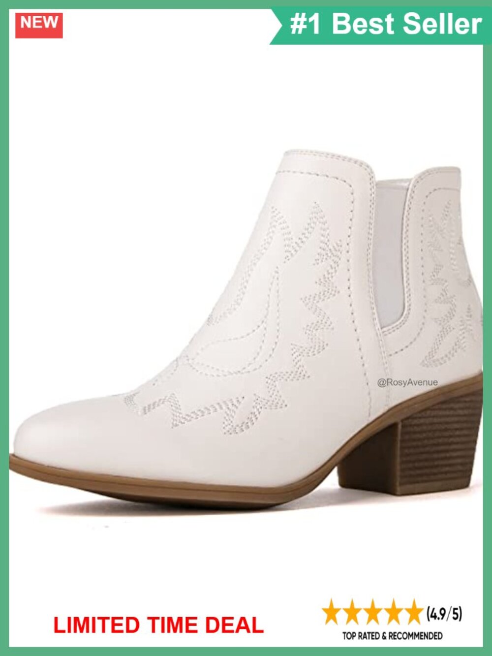 Faux Leather Western Ankle Boots Pull On Low Heel Cowgirl Booties